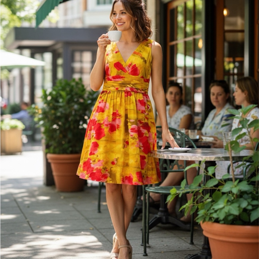Vibrant Floral Yellow/Green and Pink Women's Sleeves Dress Eliza J Size 10 - Picture 2 of 8